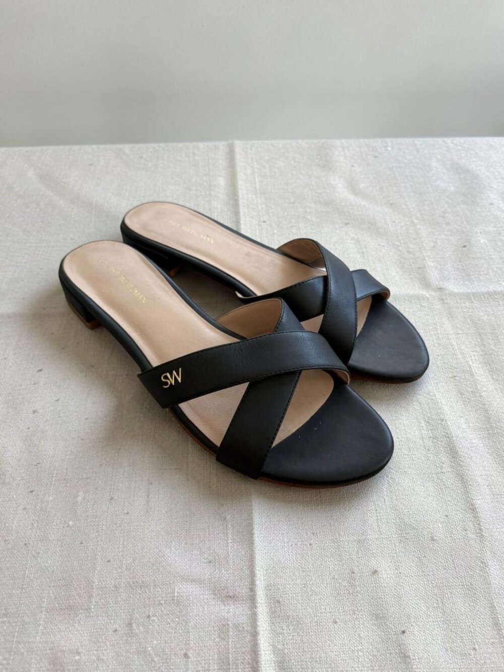 STUART WEITZMAN Black Leather Logo Slide Sandals Size 8